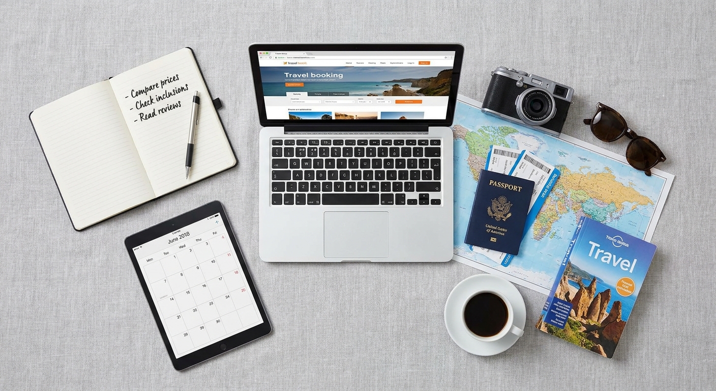 Create a flat-lay top-down composition for a Travel blog article about 