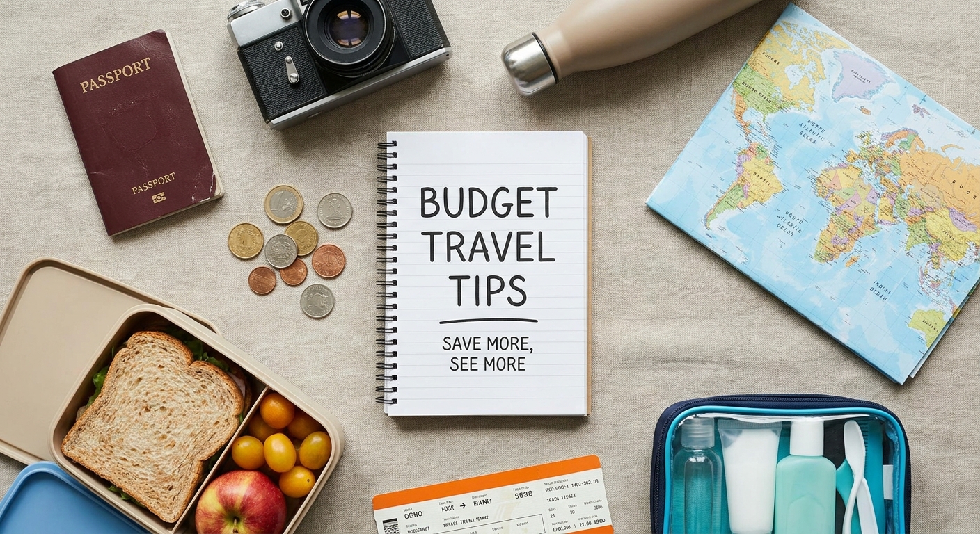 Create a flat-lay top-down composition for a Travel blog article about 