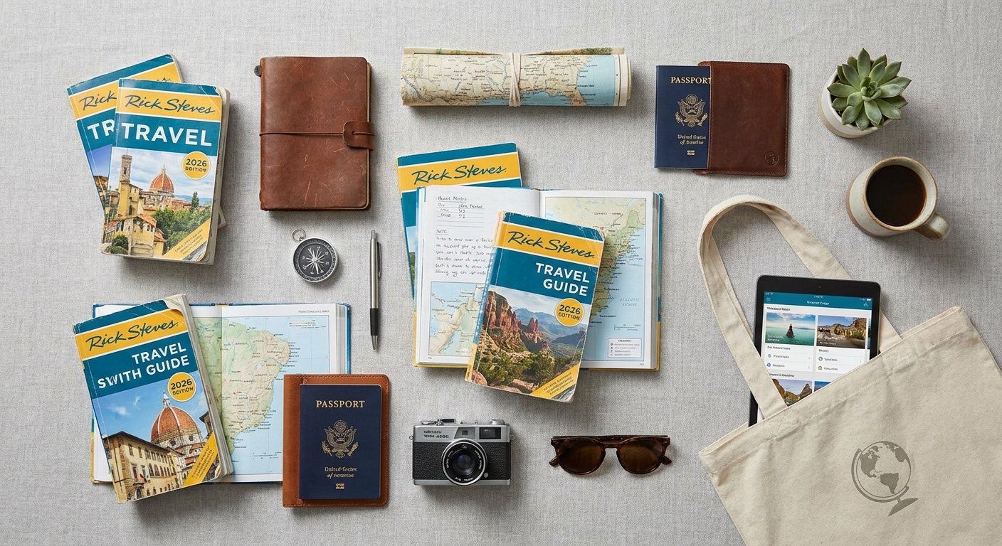 Create a flat-lay top-down composition for a Travel blog article about 