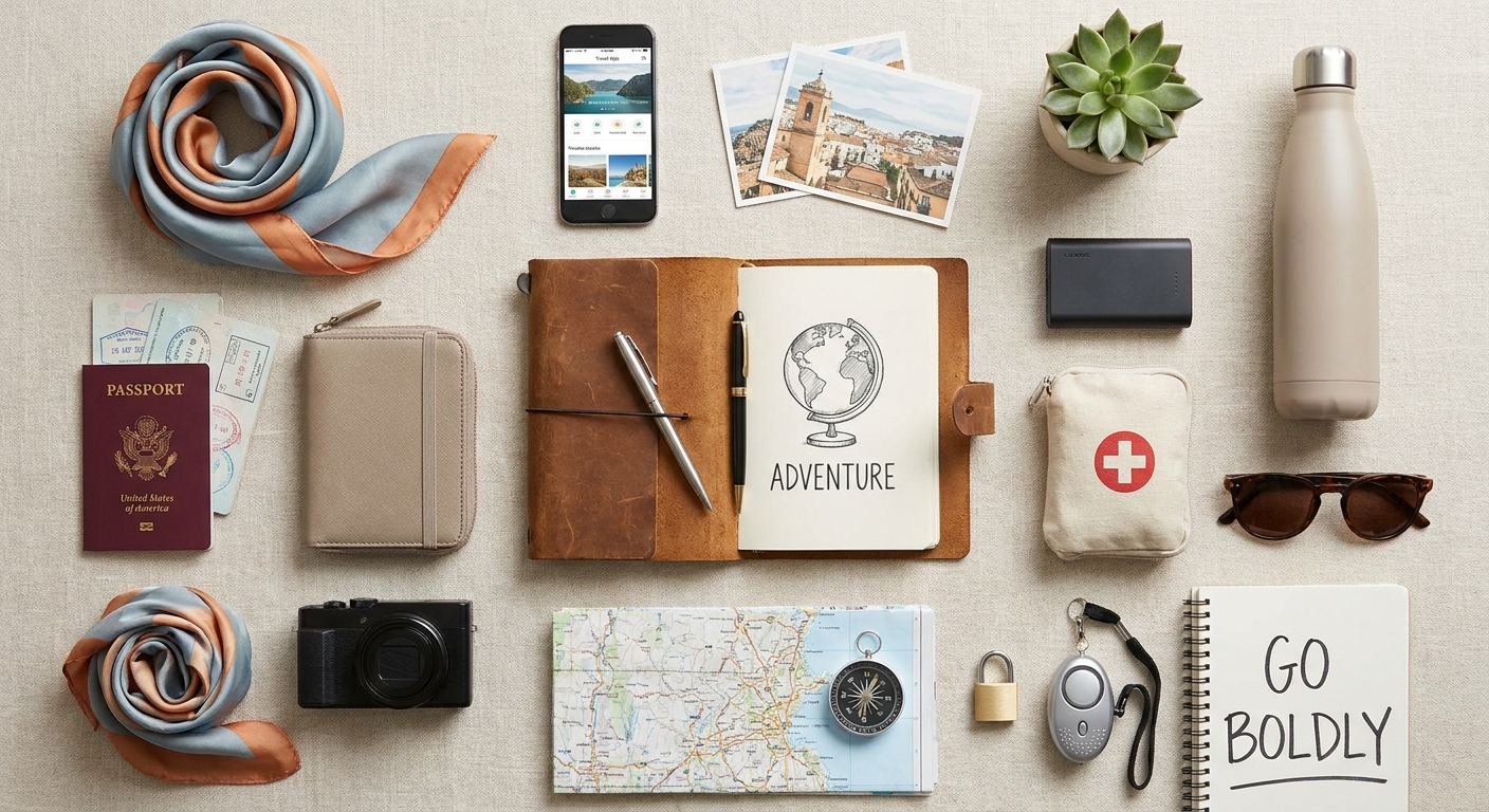 Create a flat-lay top-down composition for a Travel blog article about 