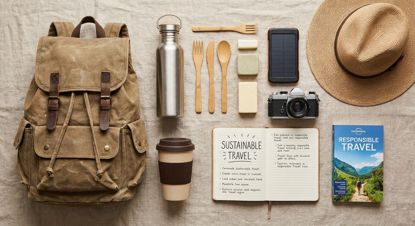 Create a flat-lay top-down composition for a Travel blog article about 