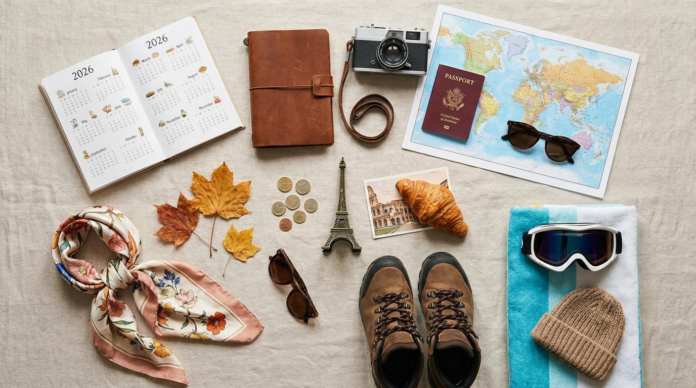 Create a flat-lay top-down composition for a Travel blog article about 