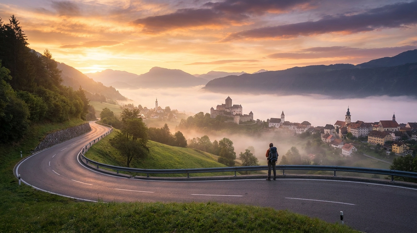 Create a cinematic wide-angle scene suitable for a Travel blog article titled 