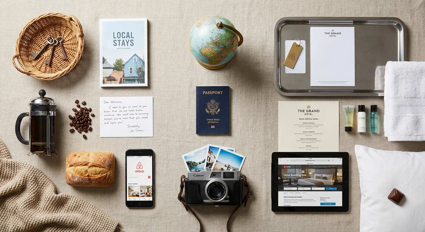 Create a flat-lay top-down composition for a Travel blog article about 
