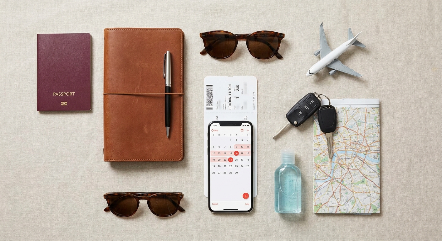 Create a flat-lay top-down composition for a Travel blog article about 