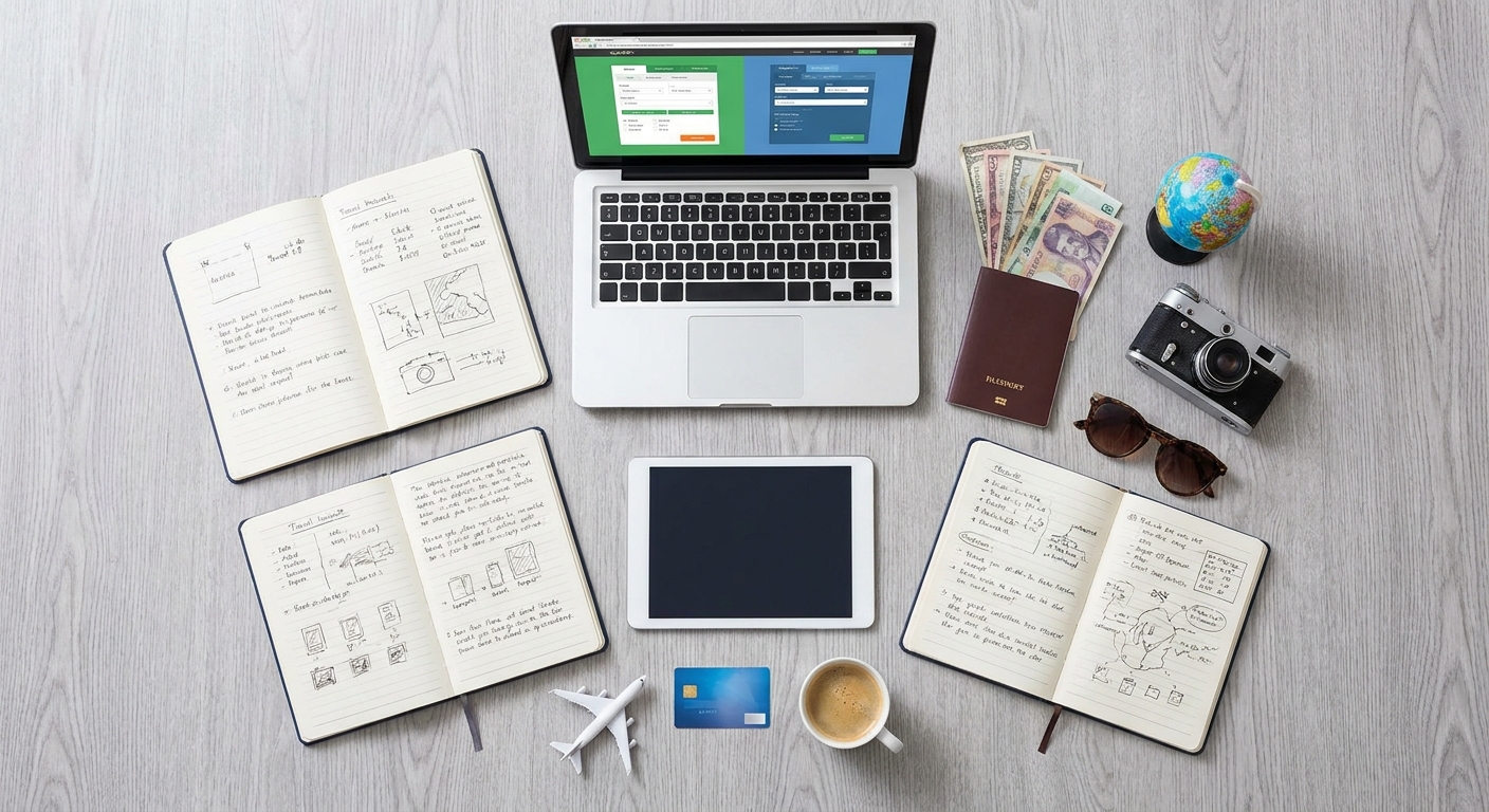 Create a flat-lay top-down composition for a Travel blog article about 