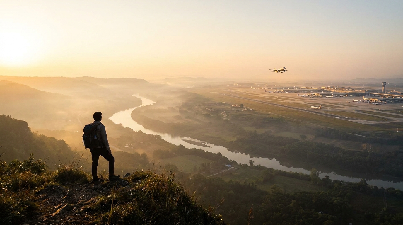 Create a cinematic wide-angle scene suitable for a Travel blog article titled 