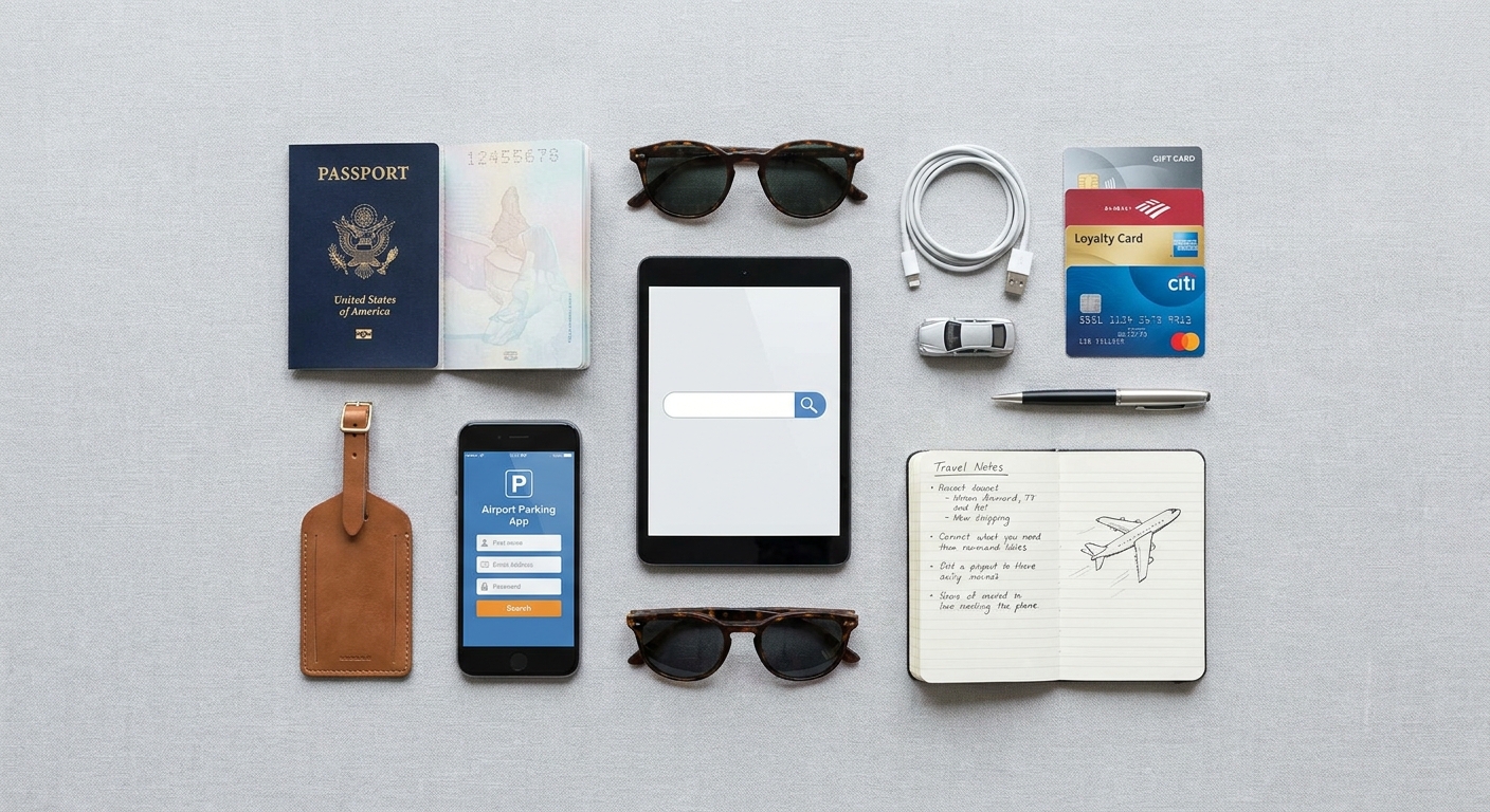 Create a flat-lay top-down composition for a Travel blog article about 