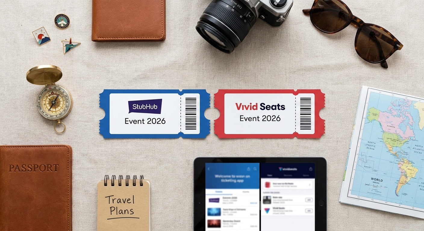 Create a flat-lay top-down composition for a Travel blog article about StubHub 