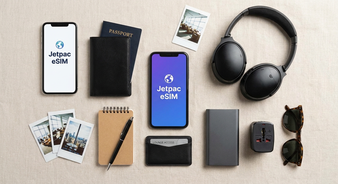 Create a flat-lay top-down composition for a Travel blog article about 