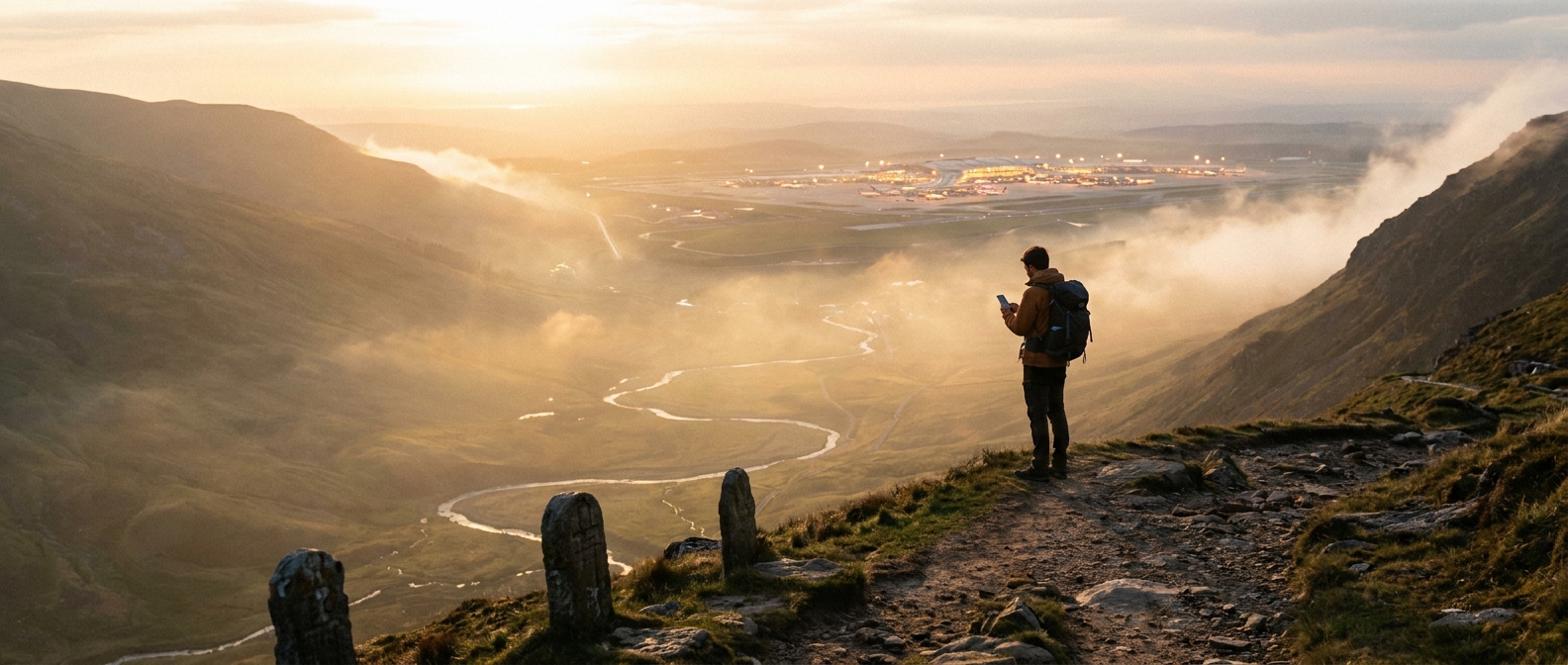 Create a cinematic wide-angle scene suitable for a Travel blog article titled 