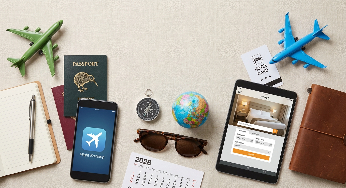 Create a flat-lay top-down composition for a Travel blog article about 