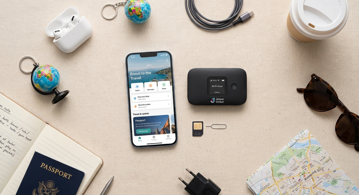 Create a flat-lay top-down composition for a Travel blog article about 
