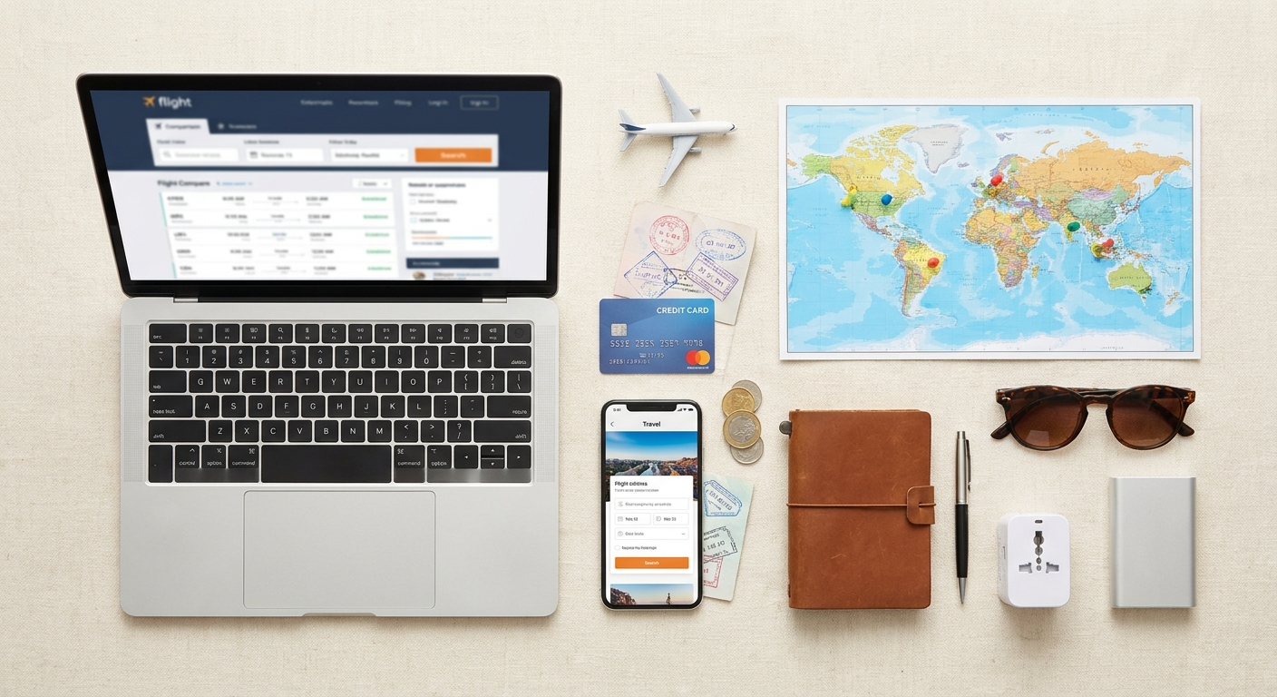 Create a flat-lay top-down composition for a Travel blog article about 
