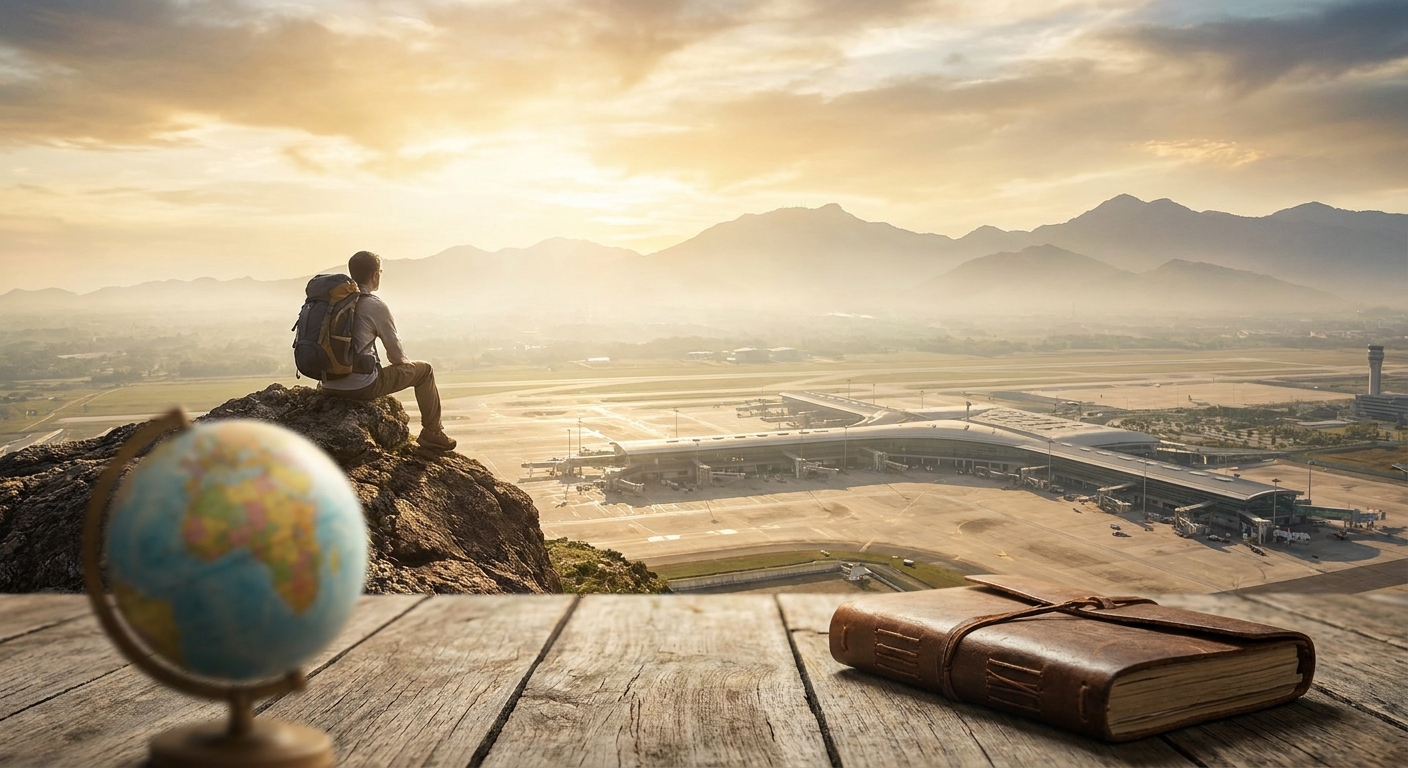 Create a cinematic wide-angle scene suitable for a Travel blog article titled 