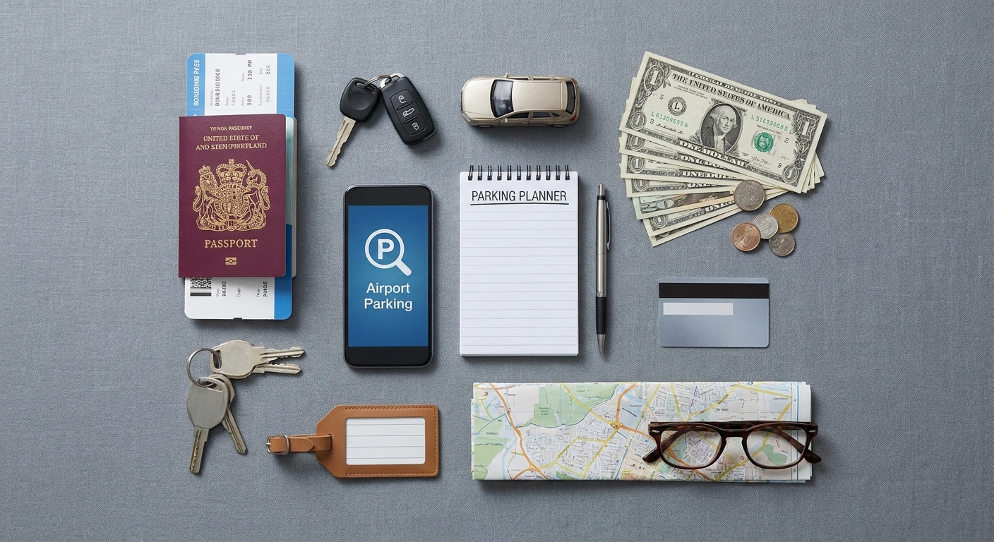Create a flat-lay top-down composition for a Travel blog article about 