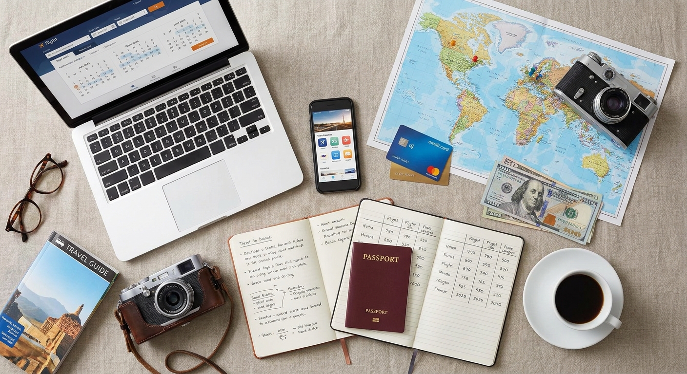 Create a flat-lay top-down composition for a Travel blog article about 