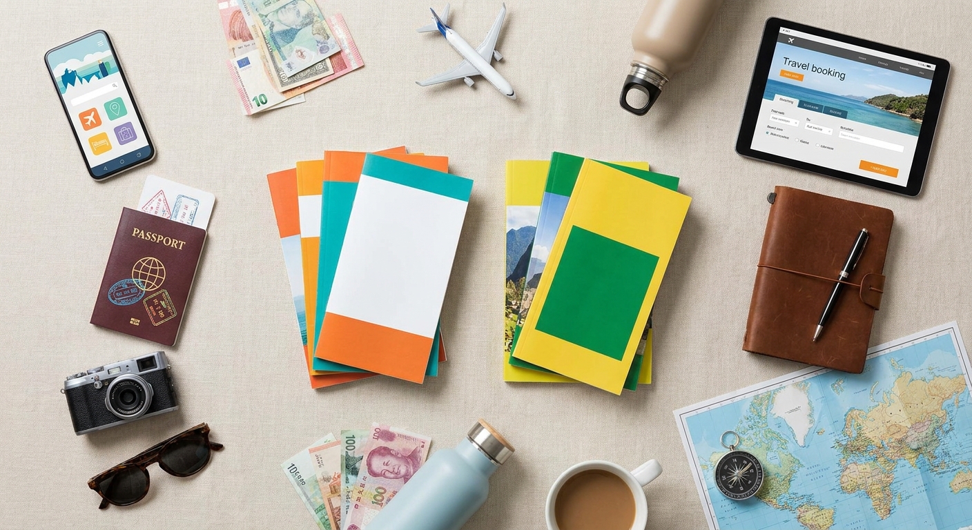 Create a flat-lay top-down composition for a Travel blog article about 