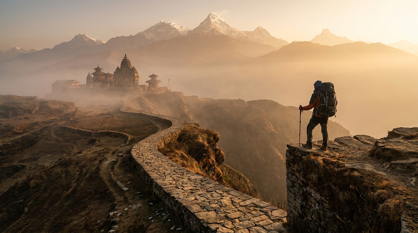 Create a cinematic wide-angle scene suitable for a Travel blog article titled 