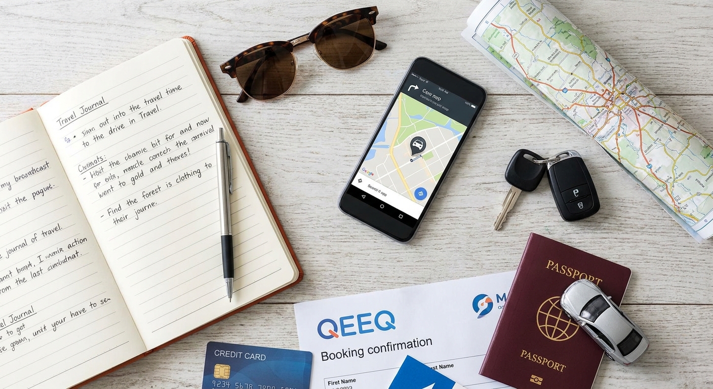 Create a flat-lay top-down composition for a Travel blog article about 