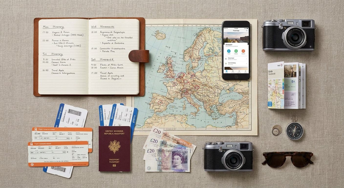 Create a flat-lay top-down composition for a Travel blog article about 