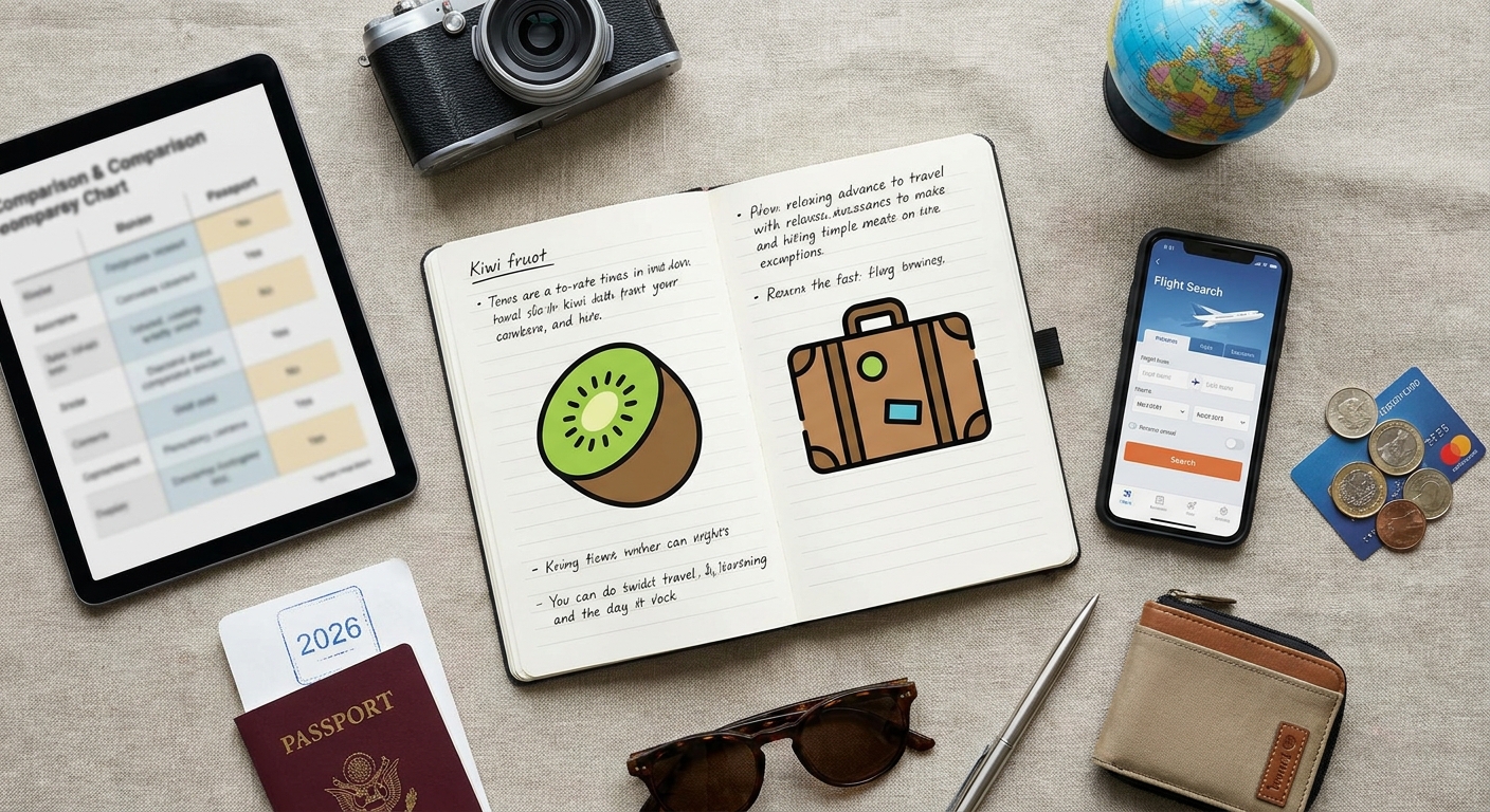 Create a flat-lay top-down composition for a Travel blog article about 