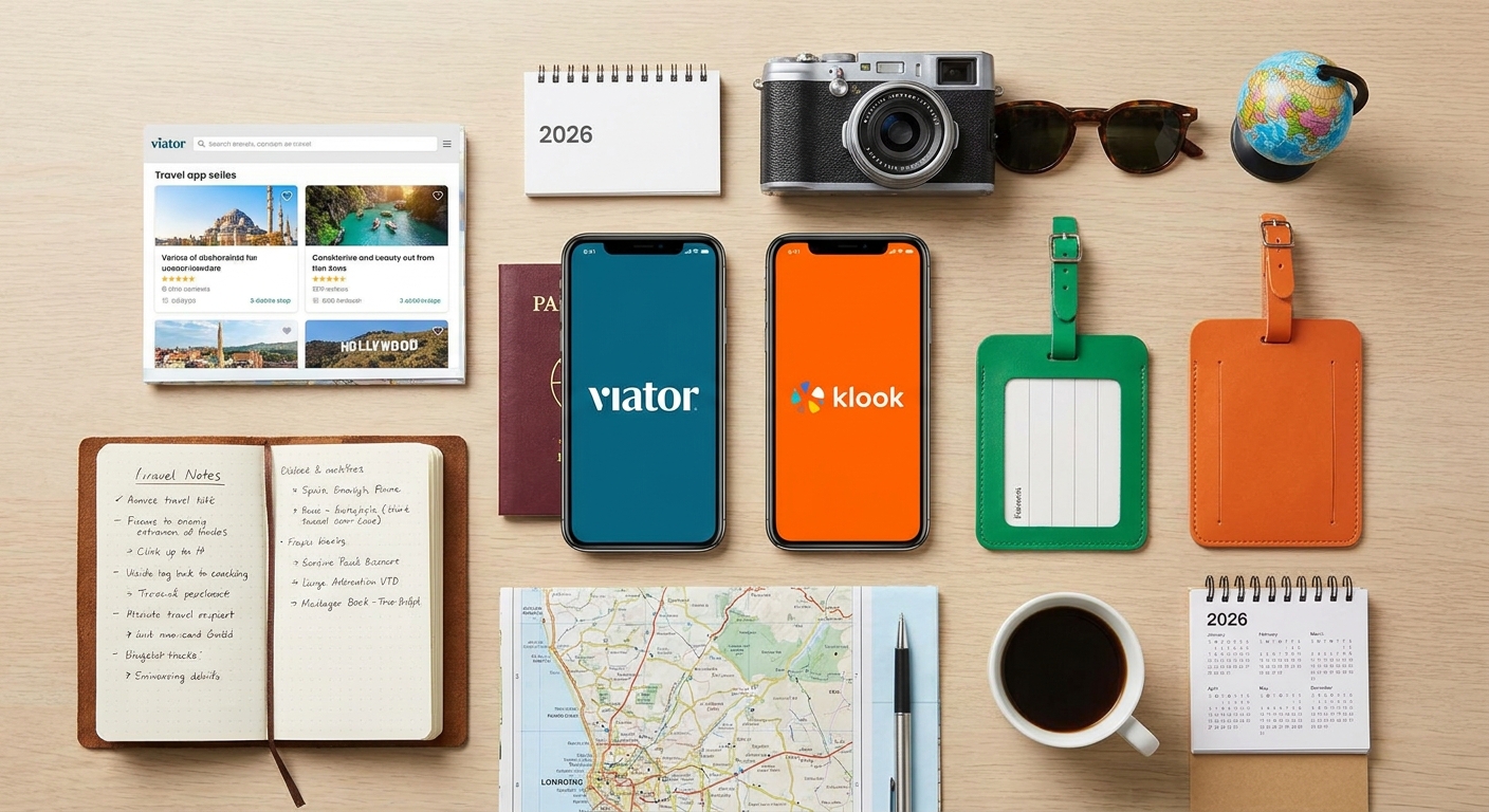 Create a flat-lay top-down composition for a Travel blog article about 