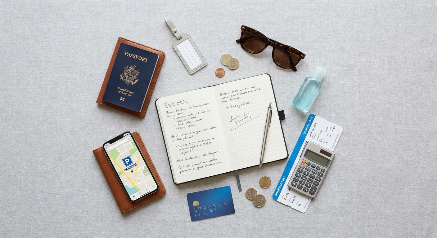 Create a flat-lay top-down composition for a Travel blog article about 