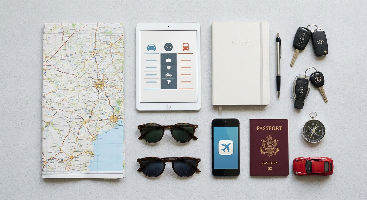Create a flat-lay top-down composition for a Travel blog article about "AutoEuro"