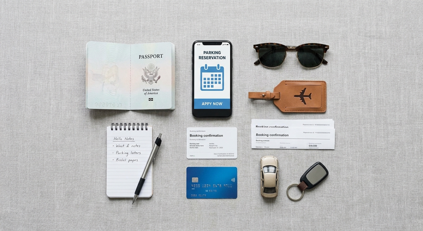 Create a flat-lay top-down composition for a Travel blog article about 