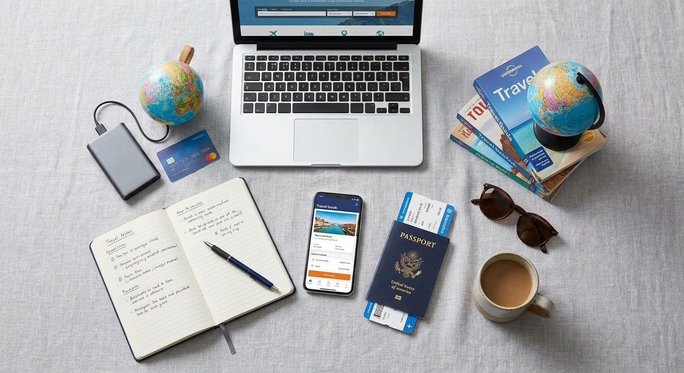 Create a flat-lay top-down composition for a Travel blog article about 