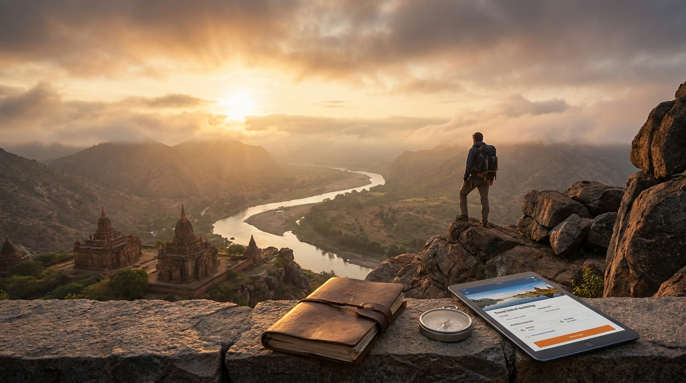 Create a cinematic wide-angle scene suitable for a Travel blog article titled 