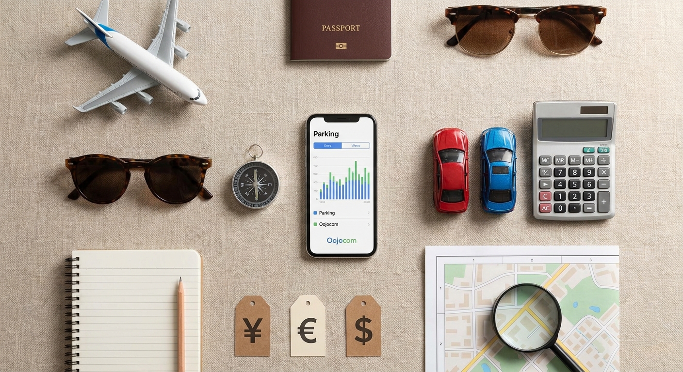 Create a flat-lay top-down composition for a Travel blog article about 