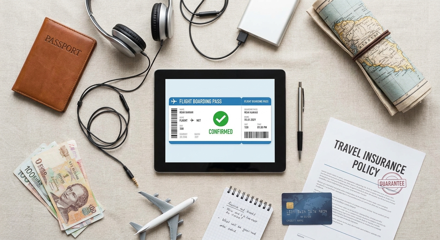 Create a flat-lay top-down composition for a Travel, Flights, Hotels & Deals blo