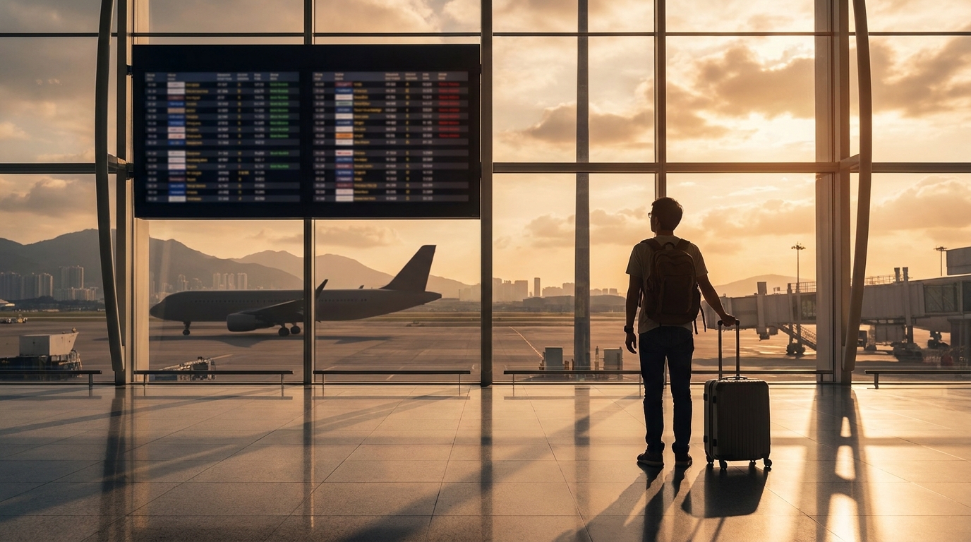 Create a cinematic wide-angle scene suitable for a Travel, Flights, Hotels & Dea