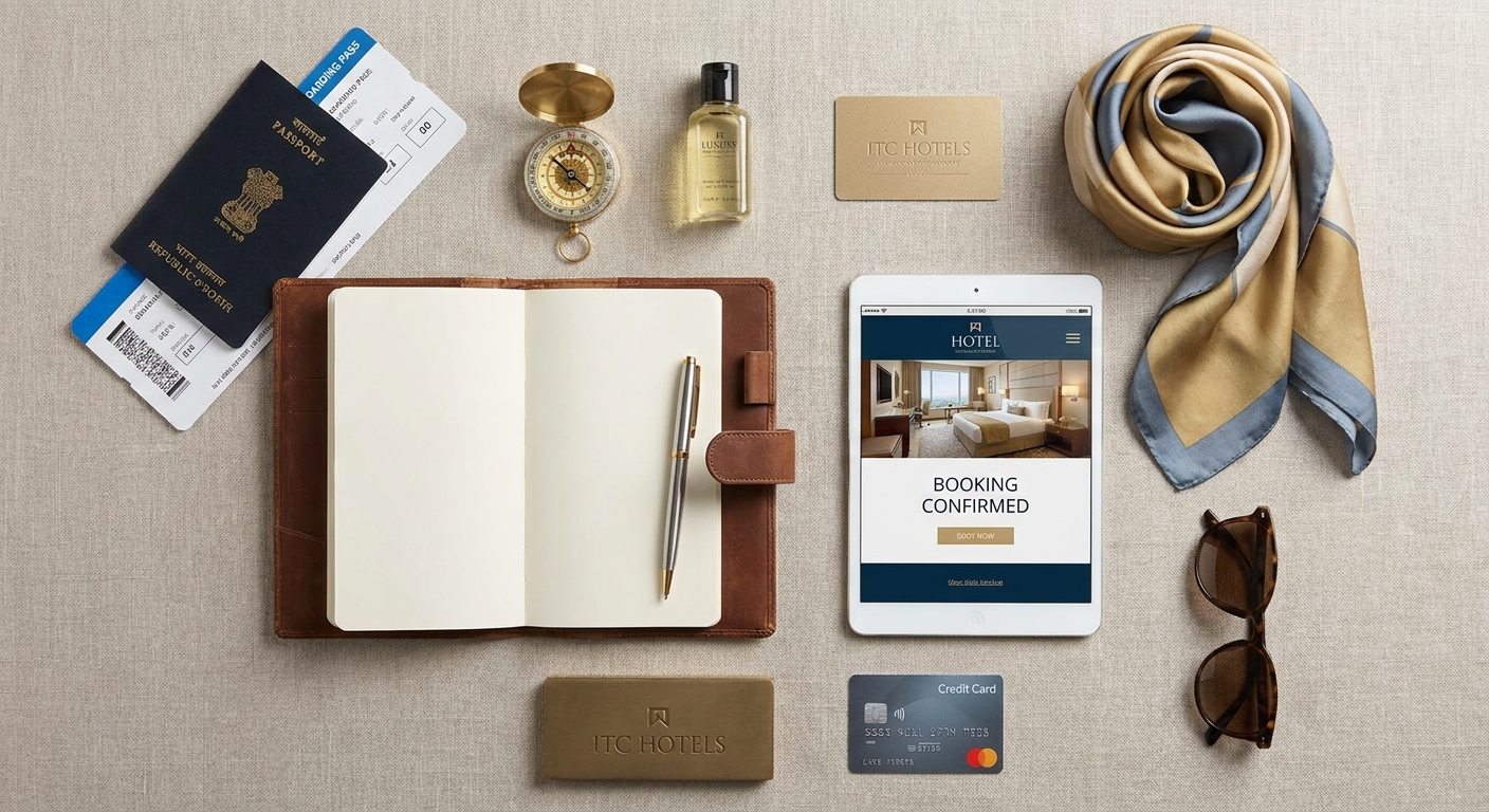 Create a flat-lay top-down composition for a Travel, Flights, Hotels & Deals blo