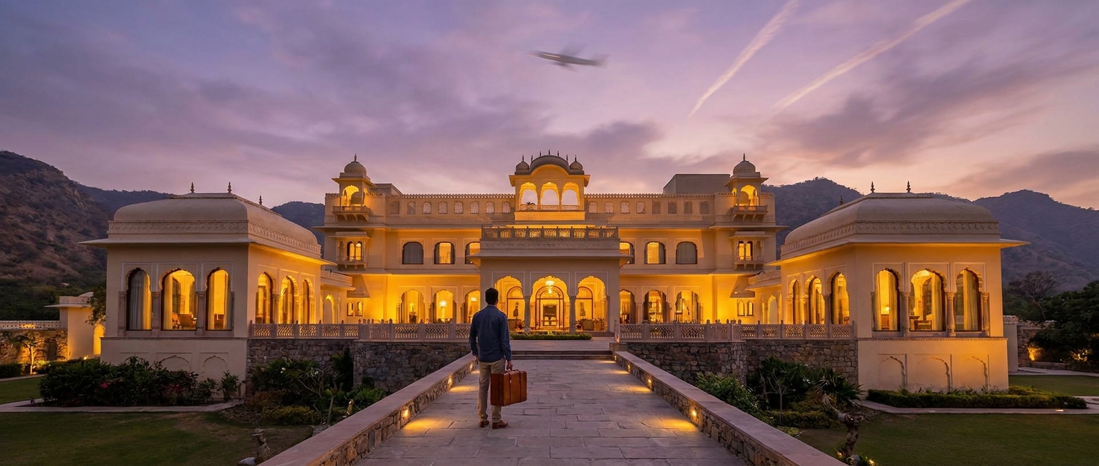 Create a cinematic wide-angle scene suitable for a Travel, Flights, Hotels & Dea