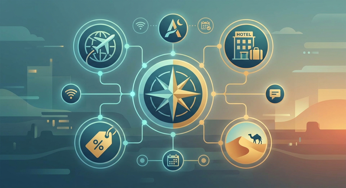 Create a professional blog illustration for a Travel, Flights, Hotels & Deals we