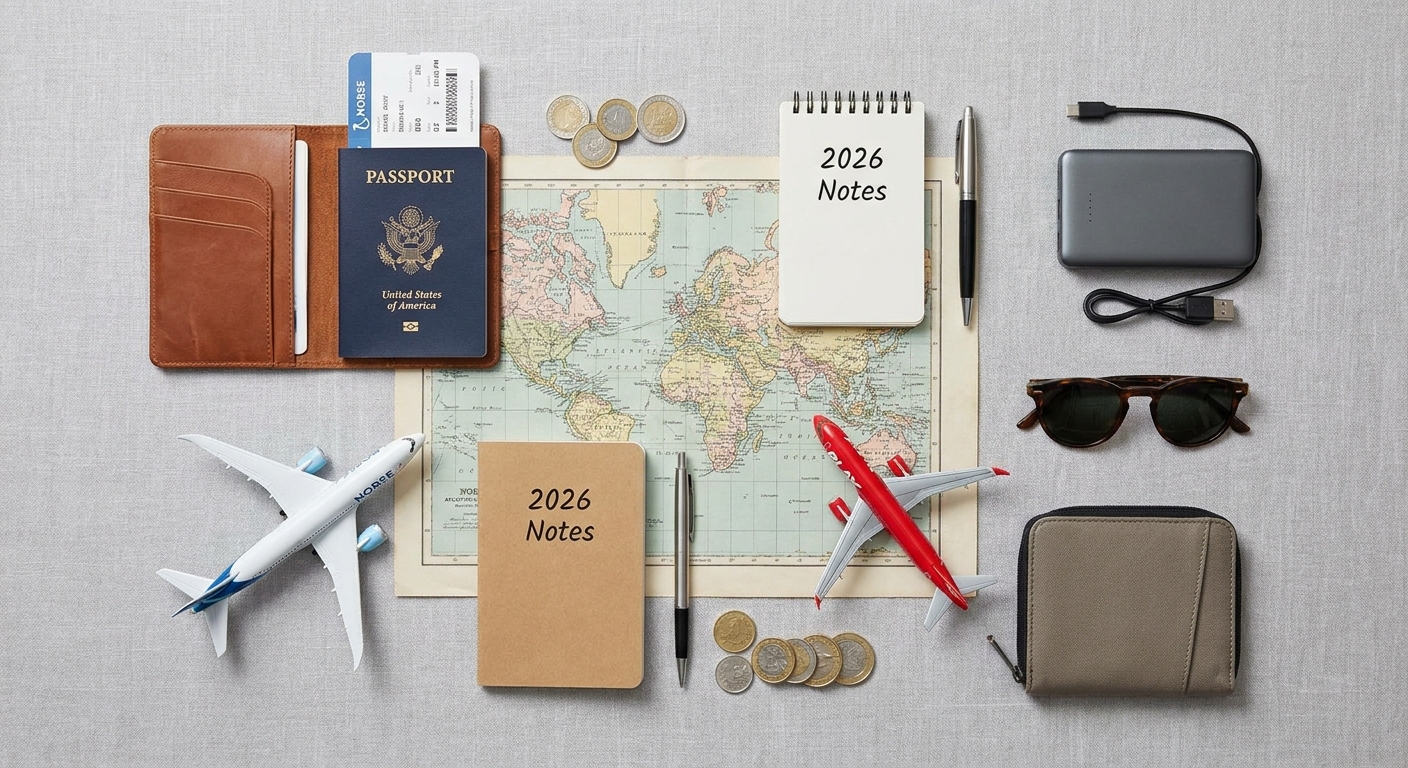 Create a flat-lay top-down composition for a Travel, Flights, Hotels & Deals blo