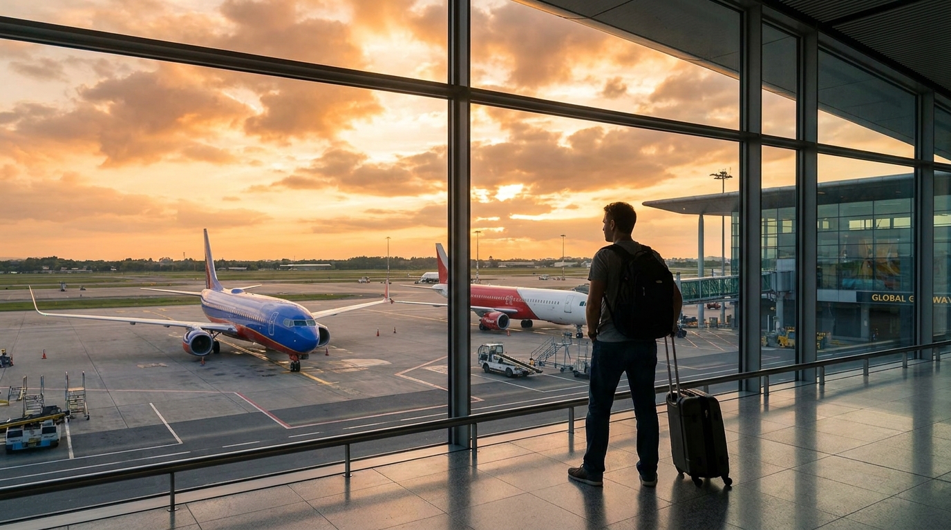 Create a cinematic wide-angle scene suitable for a Travel, Flights, Hotels & Dea