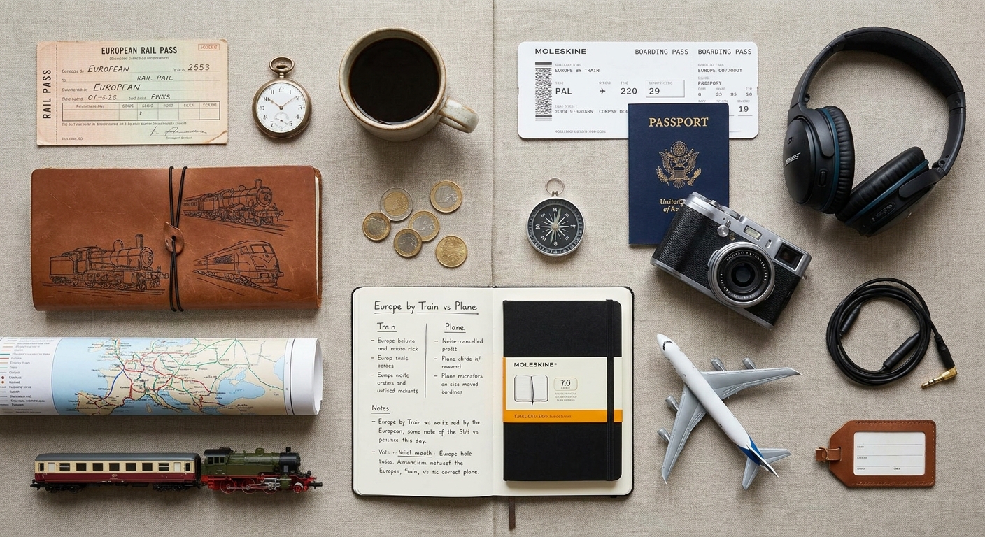 Create a flat-lay top-down composition for a Travel, Flights, Hotels & Deals blo