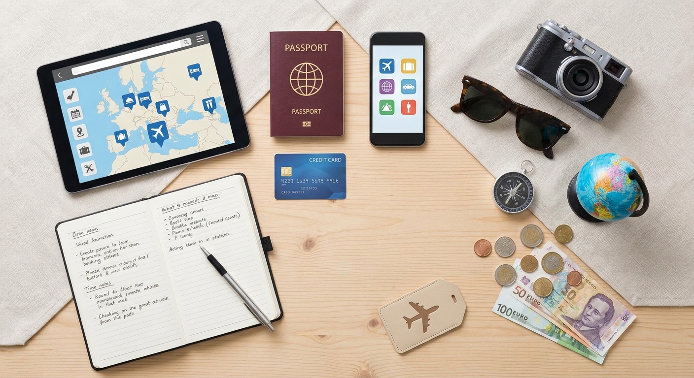 Create a flat-lay top-down composition for a Travel blog article about 
