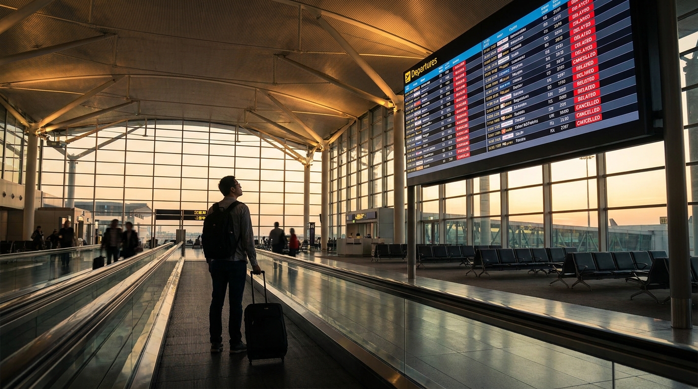 Create a cinematic wide-angle scene suitable for a Travel, Flights, Hotels blog 
