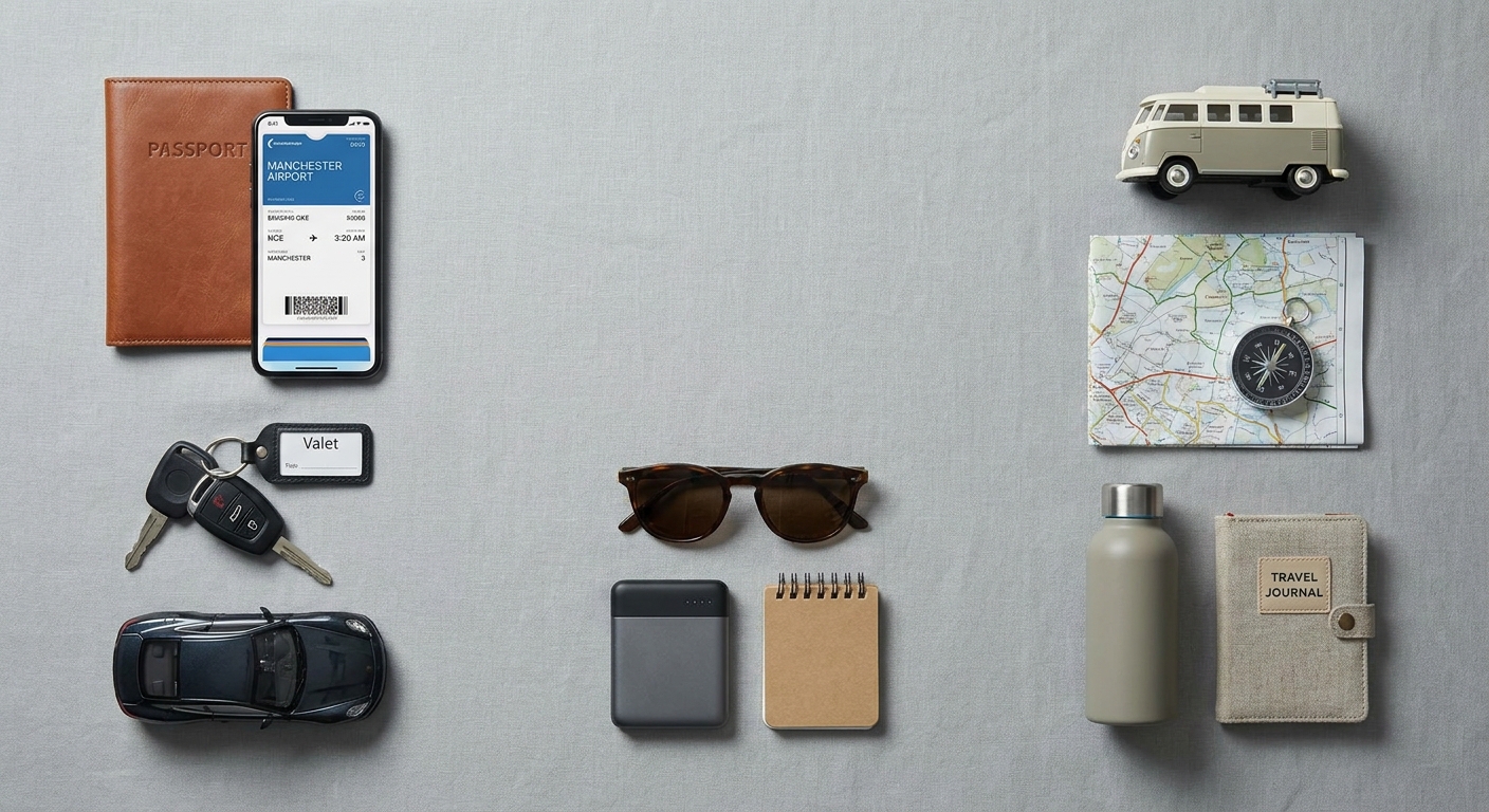 Create a flat-lay top-down composition for a Travel, Flights, Hotels blog articl