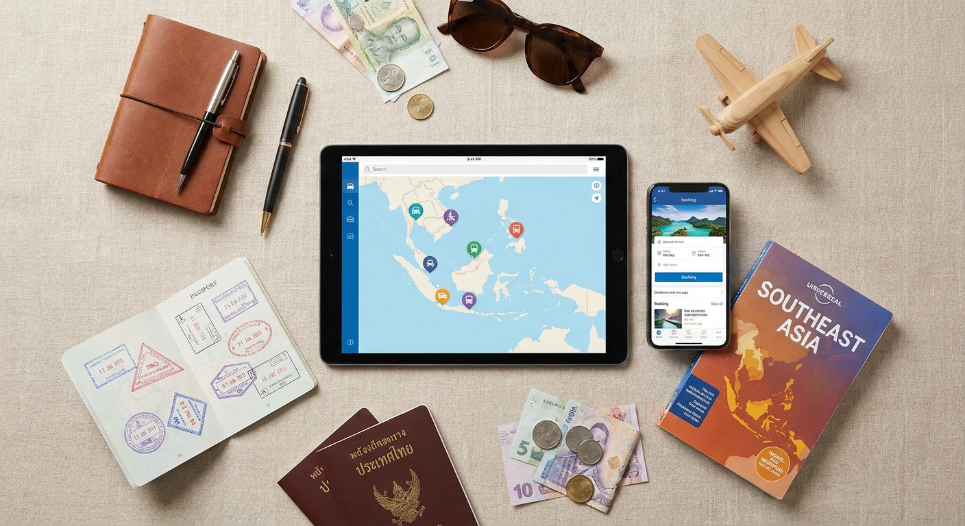 Create a flat-lay top-down composition for a Travel, Flights, Hotels blog articl